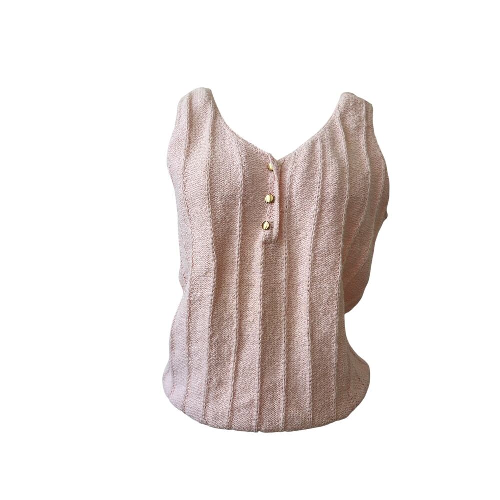 Vintage 90s Pink V-Neck Knit Top with Gold Buttons - Small